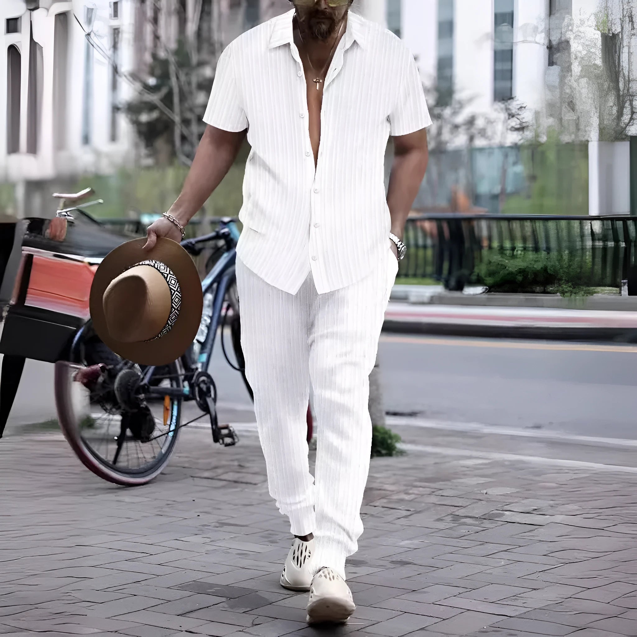 Men's casual loose short sleeve shirt and trouser beach suit in cotton blend, available in multiple colours