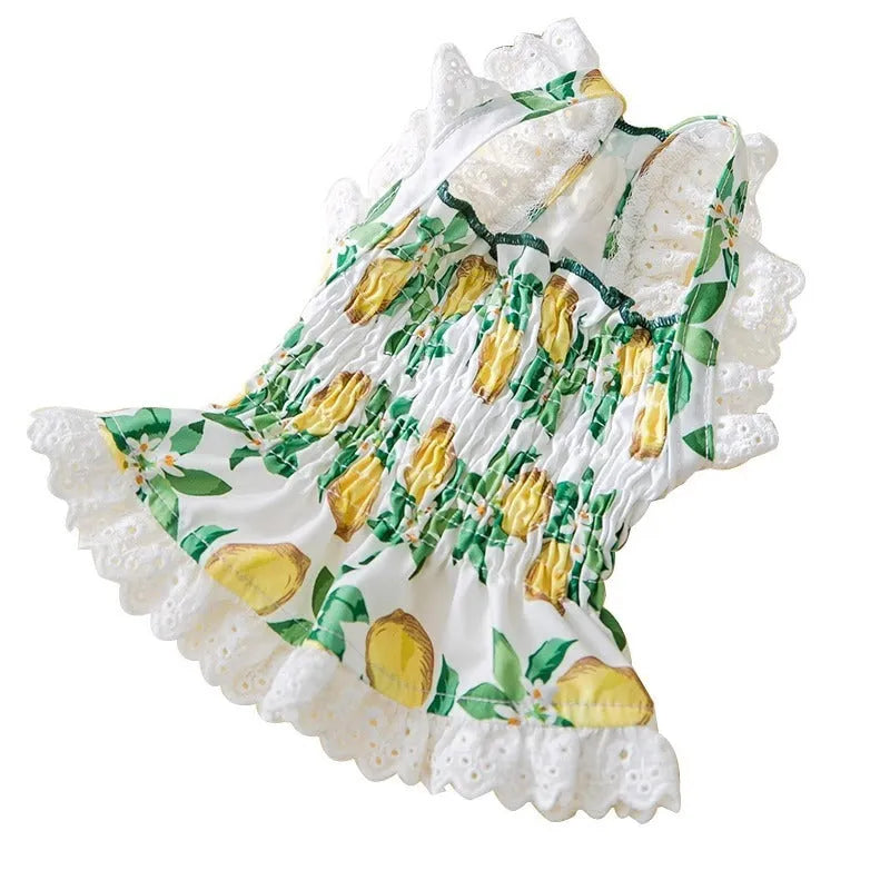 Rock yellow lemon polyester dog dress with thin breathable strap skirt, shown on a mannequin.