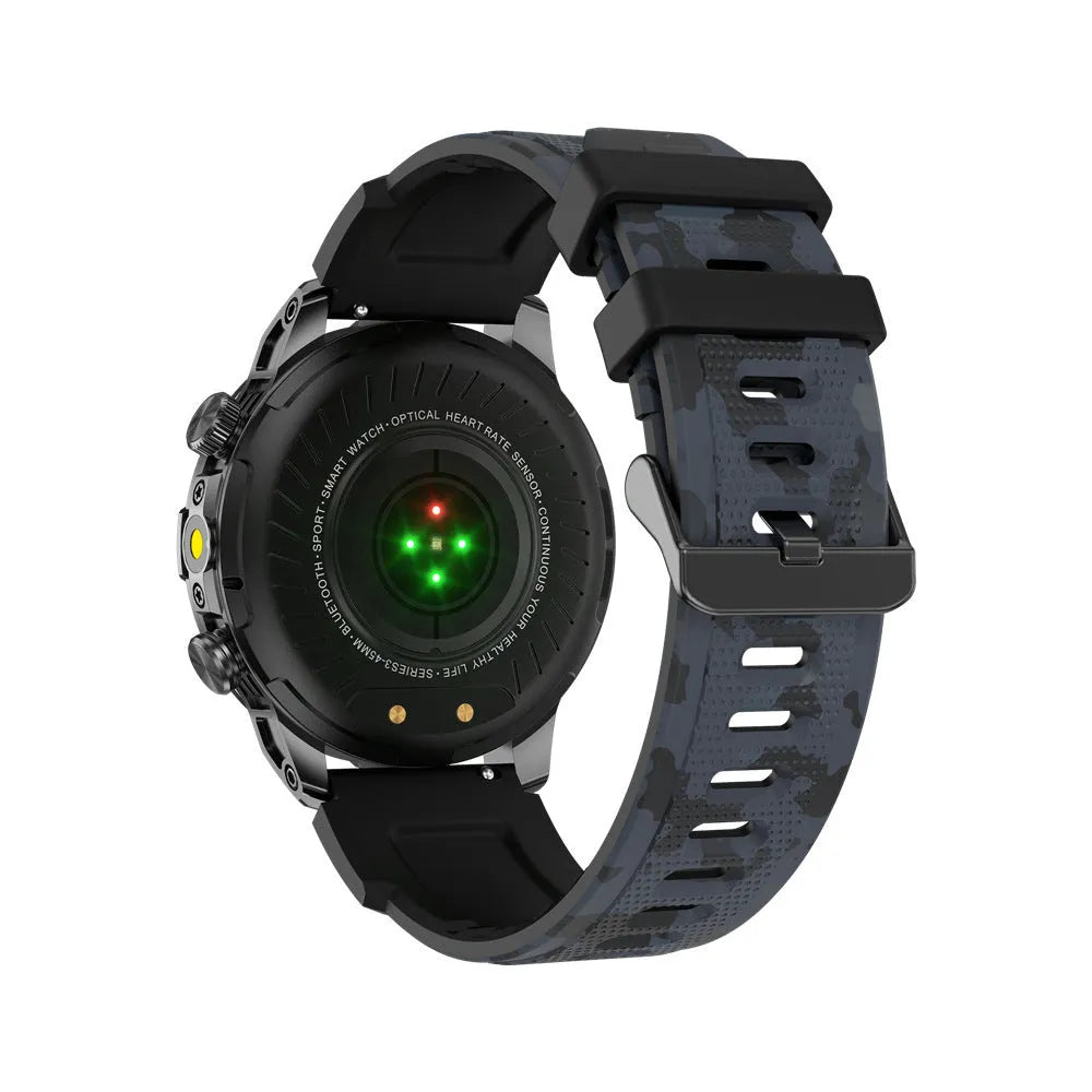 Sports smartwatch with AMOLED display in black, orange, or camouflage colours showing fitness metrics