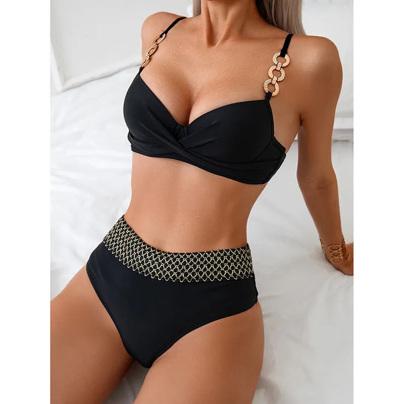 Black polyester bikini swimsuit with split briefs in European and American sizing