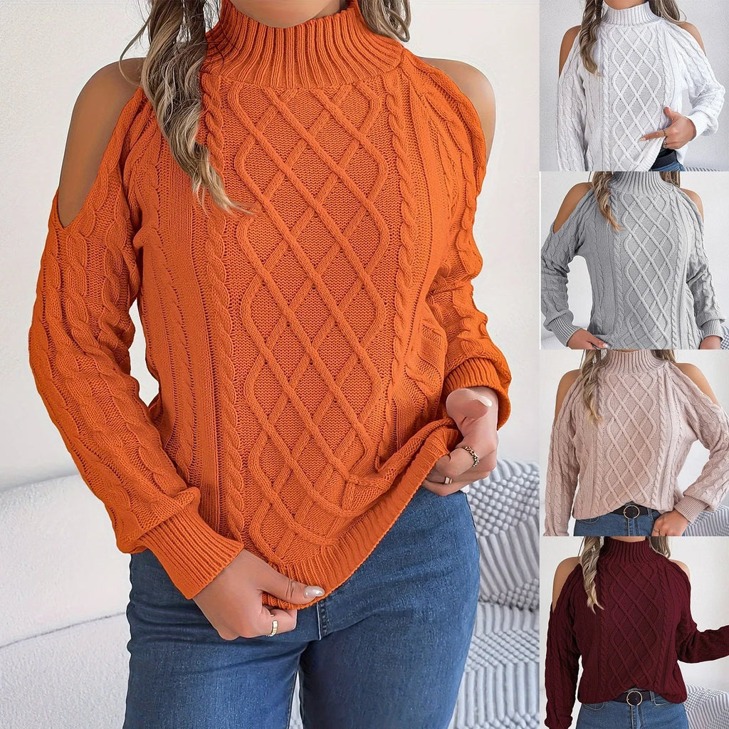 Women's casual acrylic sweater with strapless design, twisted pattern, half-high collar, and lantern sleeves