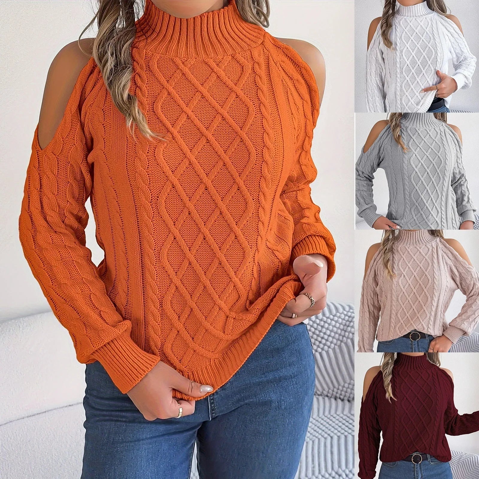 Women's casual acrylic sweater with strapless design, twisted pattern, half-high collar, and lantern sleeves