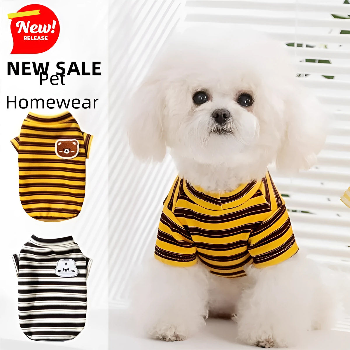 Striped two-legged pet shirt for small dogs and cats, available in yellow-brown bear patch or black-white cat patch, sizes XS to XXL.