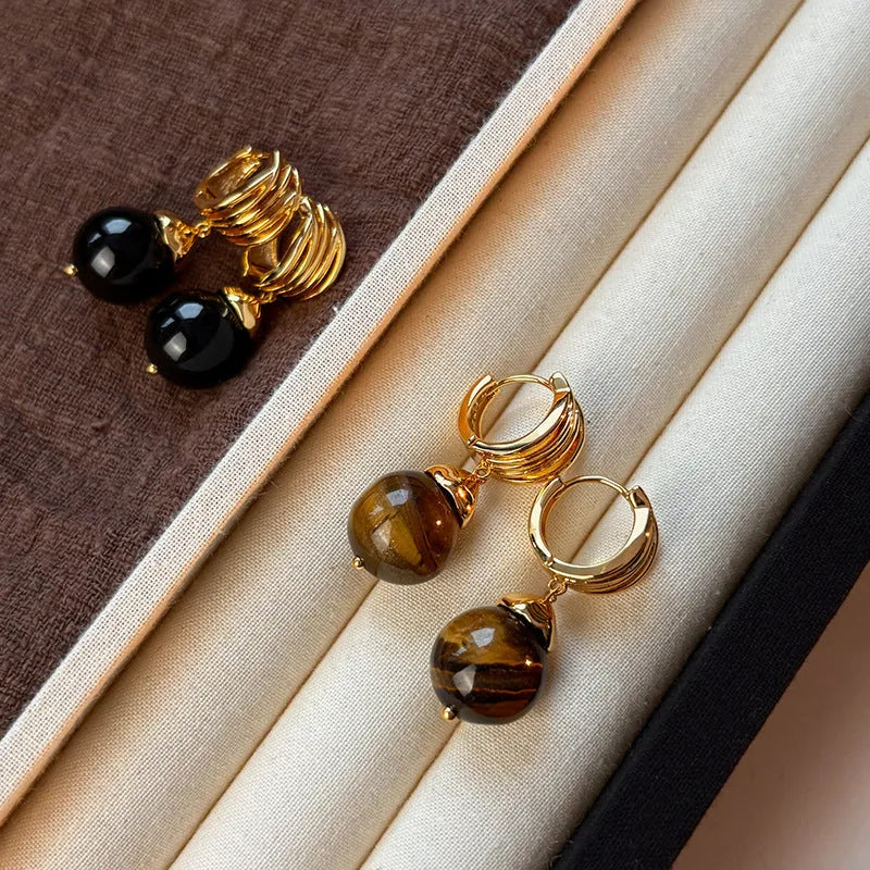 Geometric tigereye earrings for women with gold plating in black and brown colours
