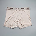 Men's loose fit silk shorts in navy blue, shown with mid waist design