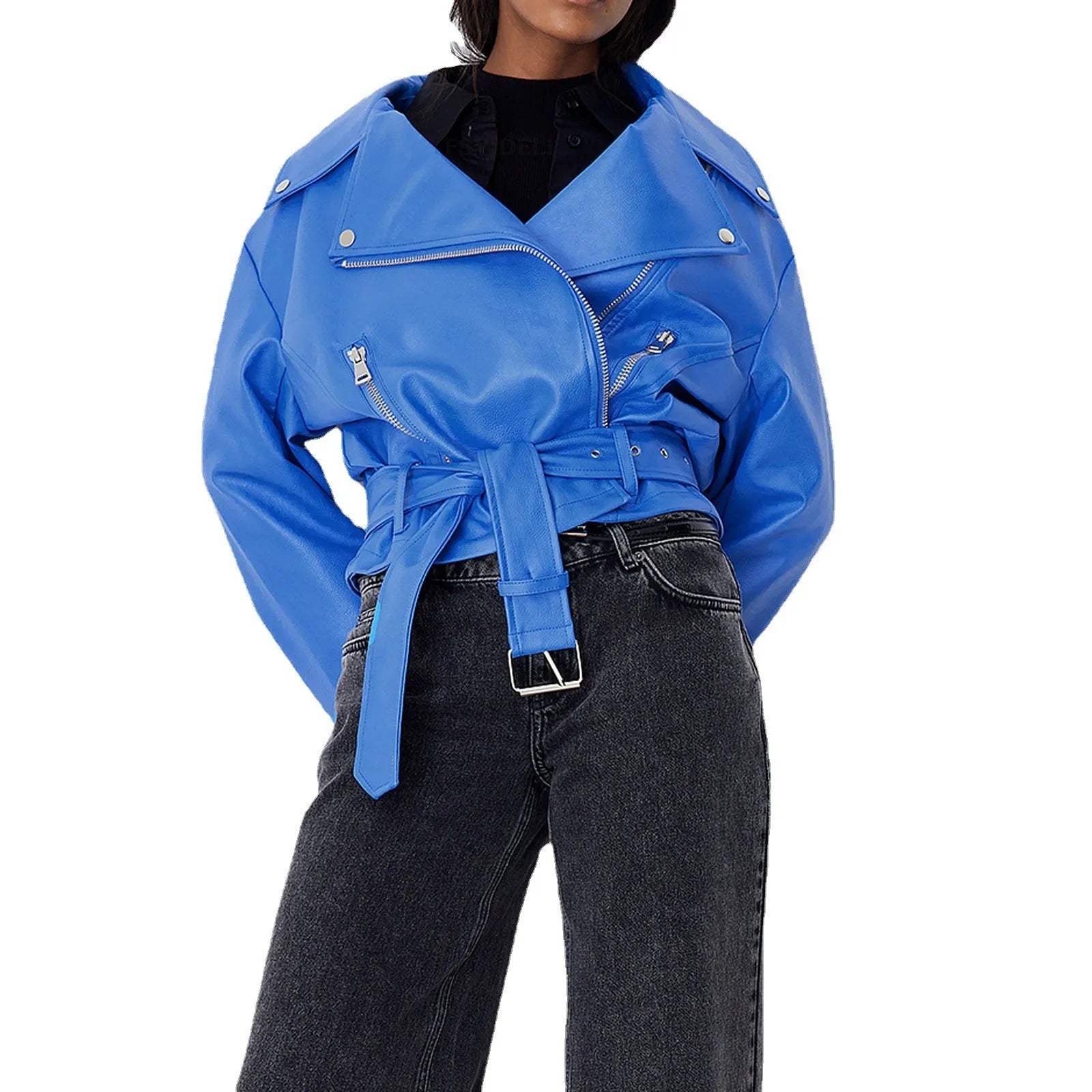 Black punk-style short jacket with a Peter Pan collar and drawstring waist.