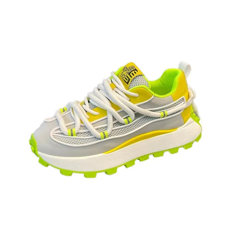 Thick sole height increasing board shoes in white, green, and blue, with mesh upper and rubber sole