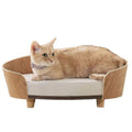 Brown wooden pet bed with cushion, 49cm wide, 35.5cm deep, 19.5cm high, for cats and small dogs