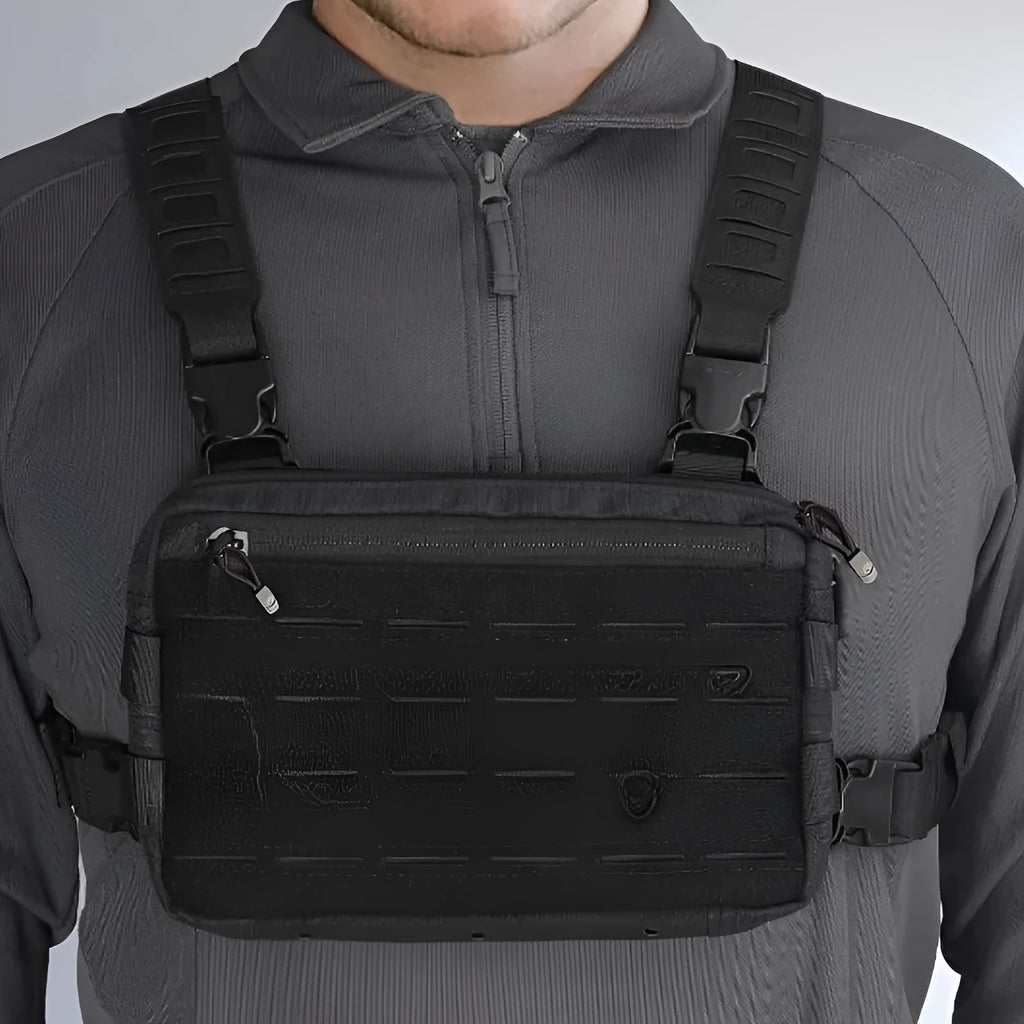 Men's outdoor tactics vest jacket bag in Oxford cloth, black, with front pockets and adjustable straps