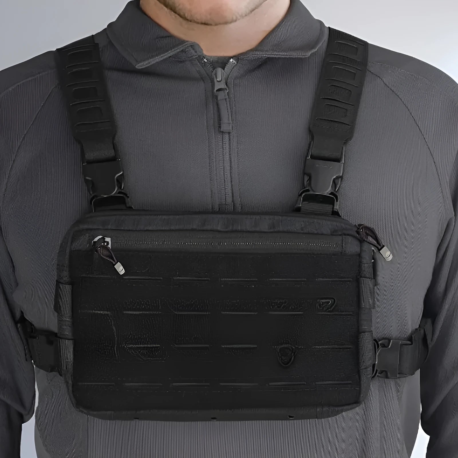 Men's outdoor tactics vest jacket bag in Oxford cloth, black, with front pockets and adjustable straps