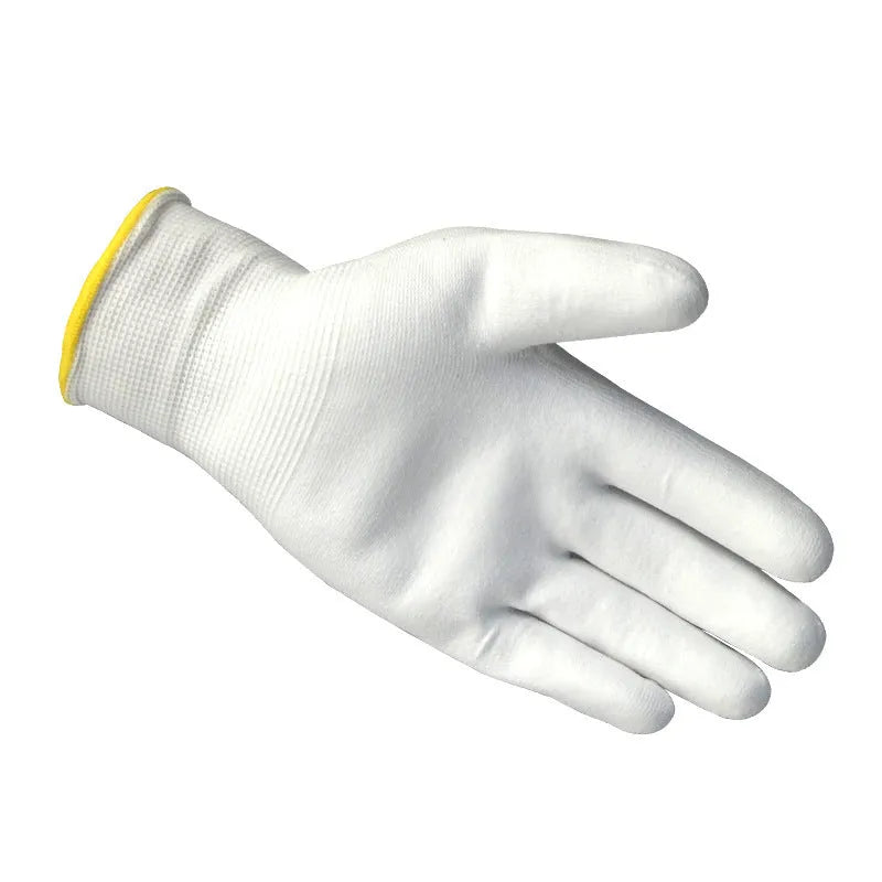 White PU coated labour gloves showing palm coating and 24cm length