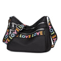 Oxford cloth crossbody shoulder bag in red or black with single strap, multi-pocket large capacity, and letter stitching details