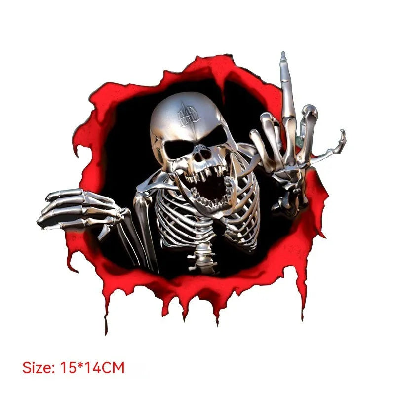 Colourful reflective metal skull bumper sticker with broken shell design measuring 15 by 14 centimetres
