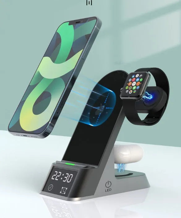 Black multifunctional wireless charging alarm clock with six ports showing smartphone on charging pad
