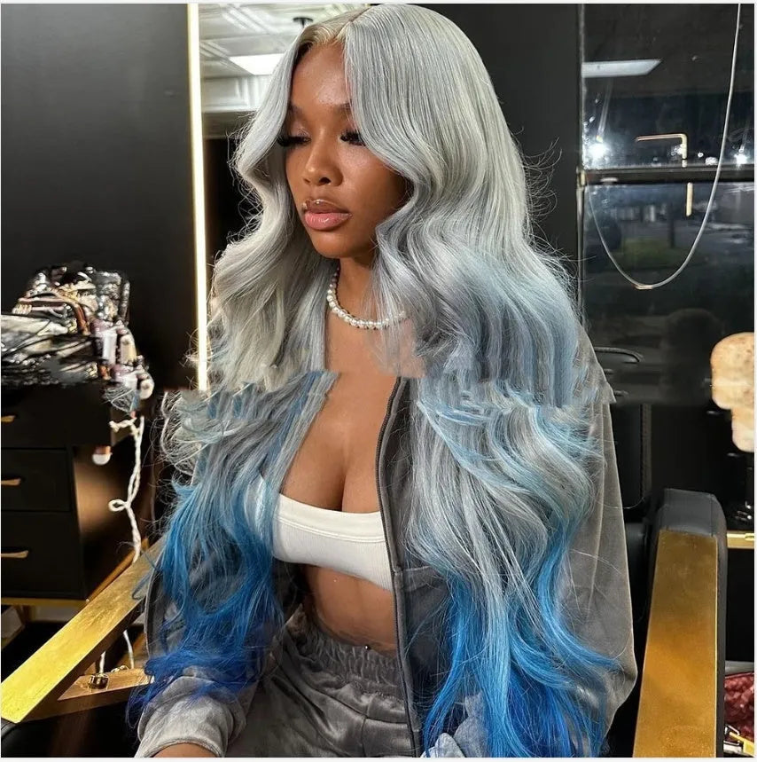 Grey blue gradient human hair lace front wig on a stand, showing long length and natural hairline.