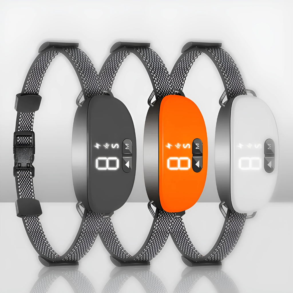 Plastic dog barking prevention collar in black, orange, and white, single pet collar for training use