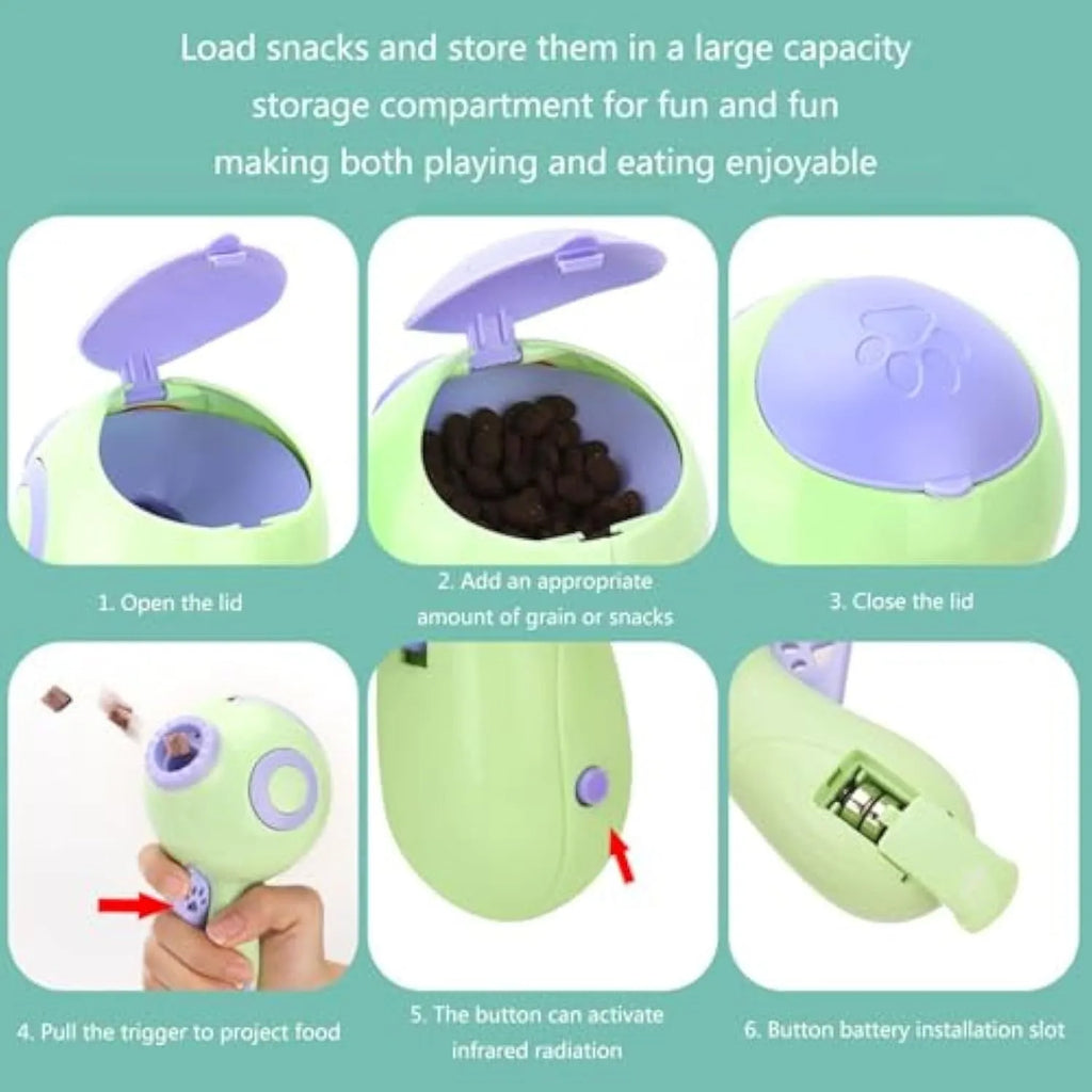 Green, orange, and pink interactive dog treat launcher toy measuring 15.5cm by 9cm by 8.5cm
