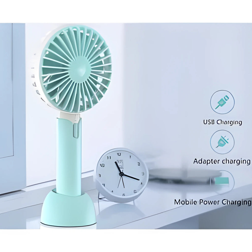Blue handheld mini USB desktop fan with three speed settings showing compact design