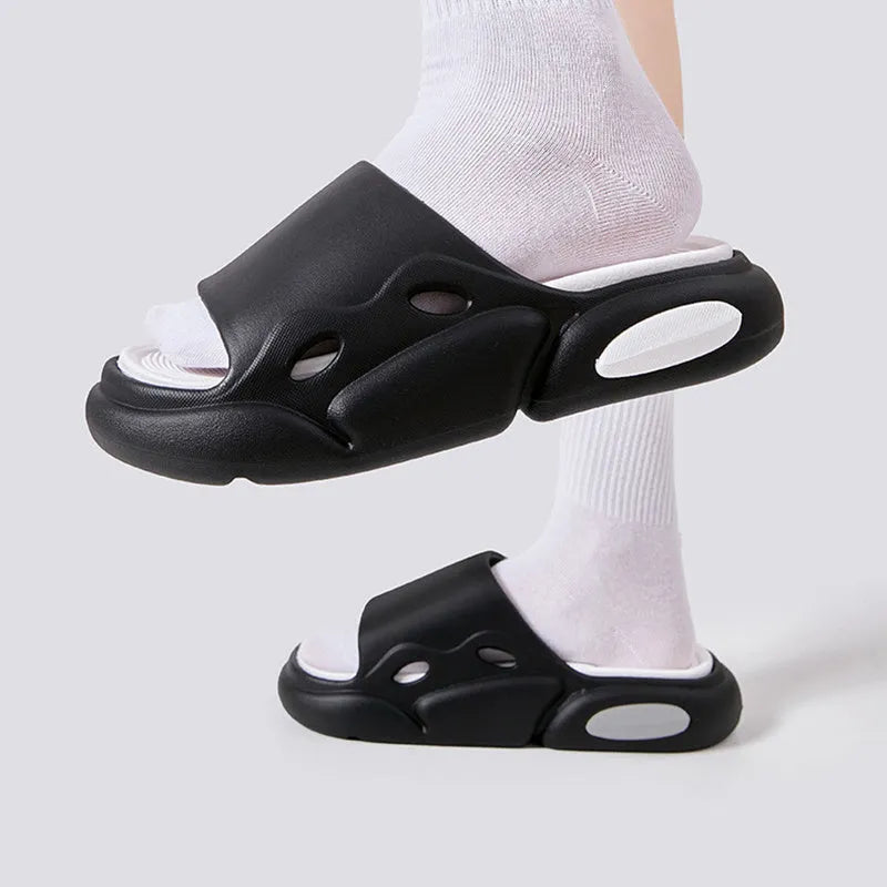 Two-colour thick-soled slippers for couples in pink purple, white green, and black white options