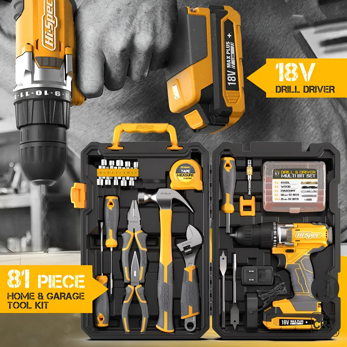 Grey yellow toolbox with 82-piece hardware tool set for furniture installation