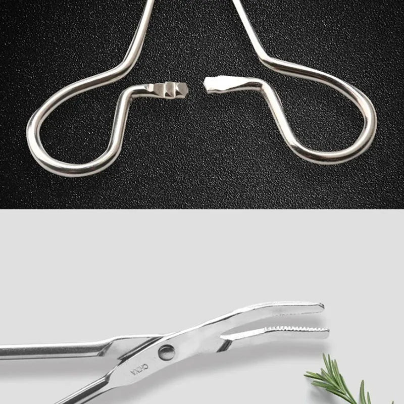 Silver stainless steel pet ear tweezers with curved tip and anti-slip handle on white background