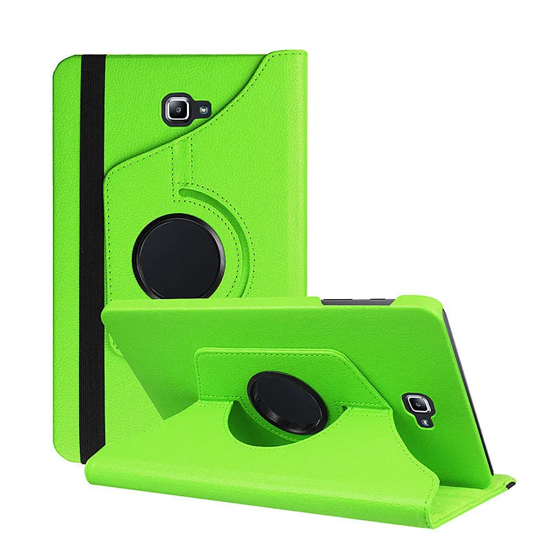 Rotating leather clamshell case for iPad 1 tablet in multiple colour options on a desk.