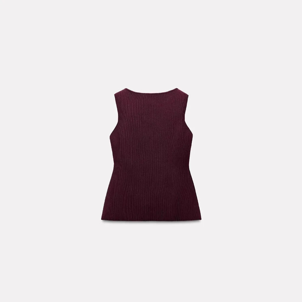 Women's dark red slim fit viscose vest cardigan with 3D textured pattern