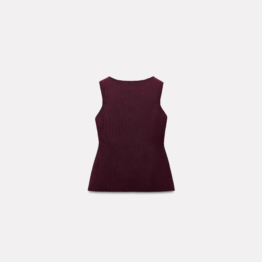 Women's dark red slim fit viscose vest cardigan with 3D textured pattern