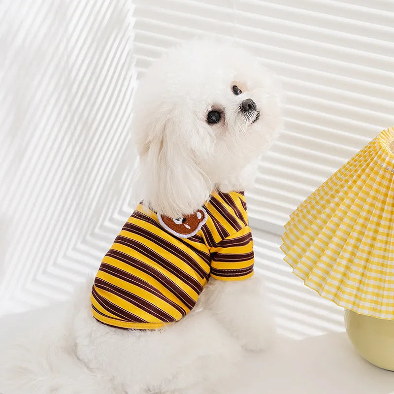 Striped two-legged pet shirt for small dogs and cats, available in yellow-brown bear patch or black-white cat patch, sizes XS to XXL.