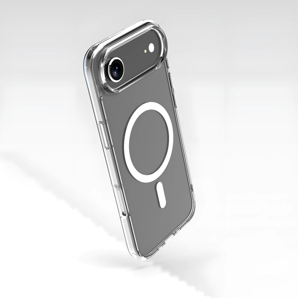 Transparent magnetic phone case for iPhone 17 models showing shockproof design