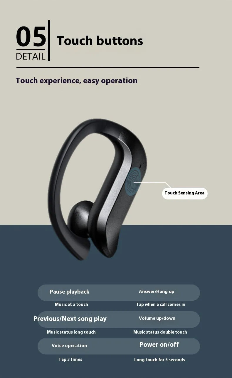 Black plastic ear-mounted wireless TWS Bluetooth headset with digital display screen for battery level