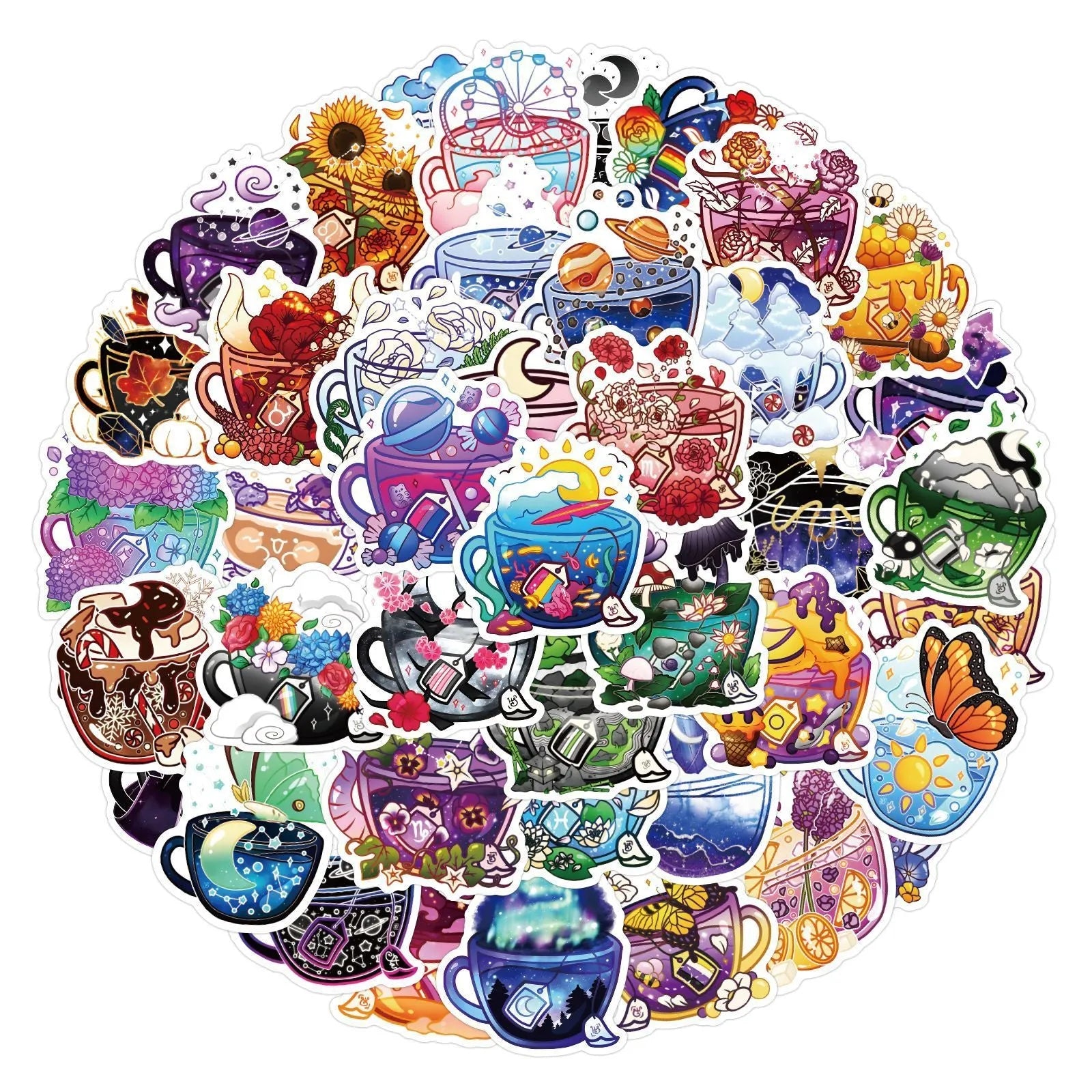 Colourful tea cup graffiti waterproof stickers for luggage and scooter decoration, 50-piece set
