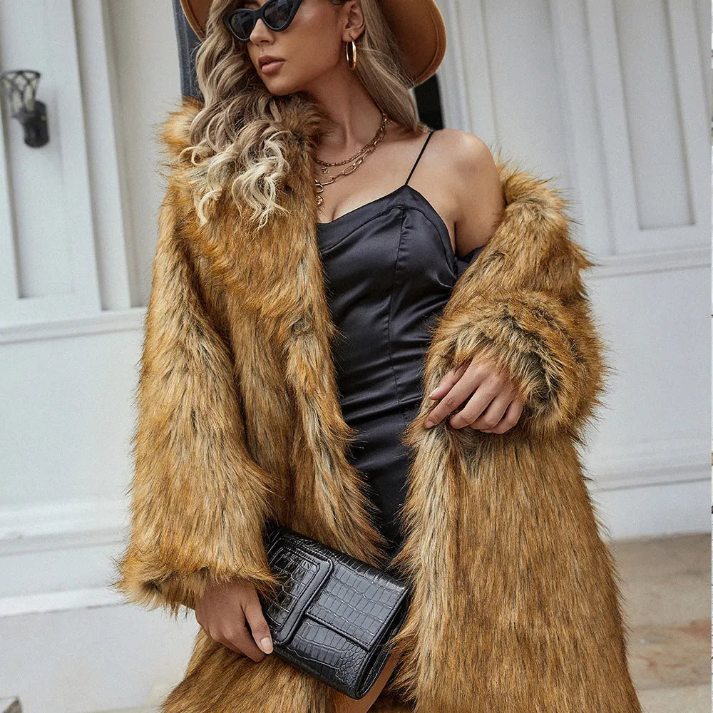 Yellow women's faux fur coat with regular sleeves and loose 80cm length