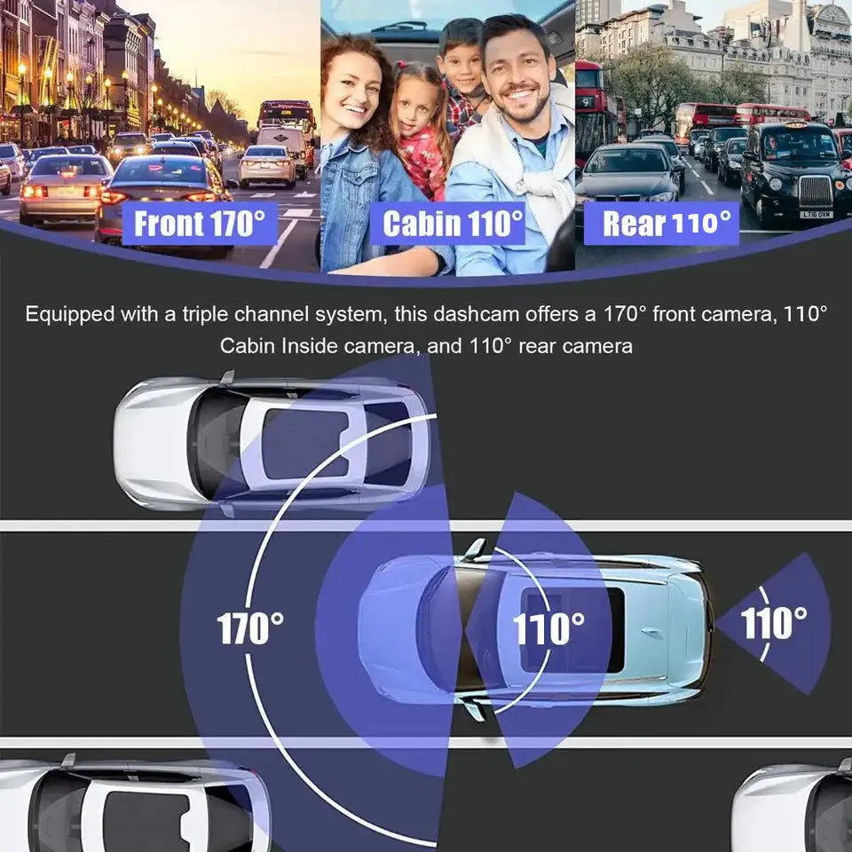 Black 3 lens video driving recorder with 3.0 inch screen, 170° shooting angle, front windshield mount, car power