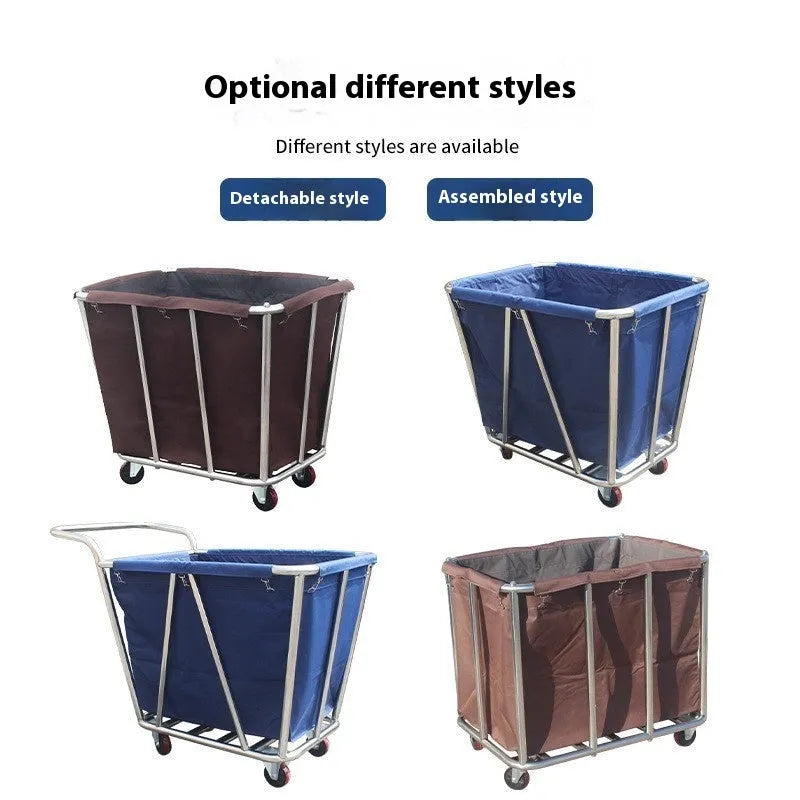 Stainless steel hotel linen trolley housekeeping cart with blue or brown bag and 4, 8 or 10 tube options