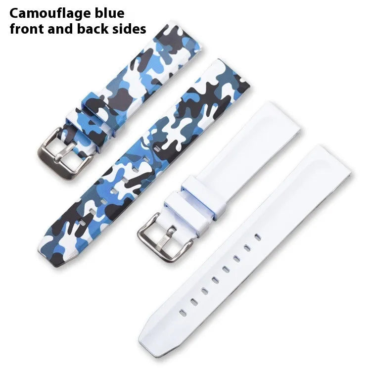 Green camouflage silicone watch strap with flat lugs, shown alongside blue and grey versions.