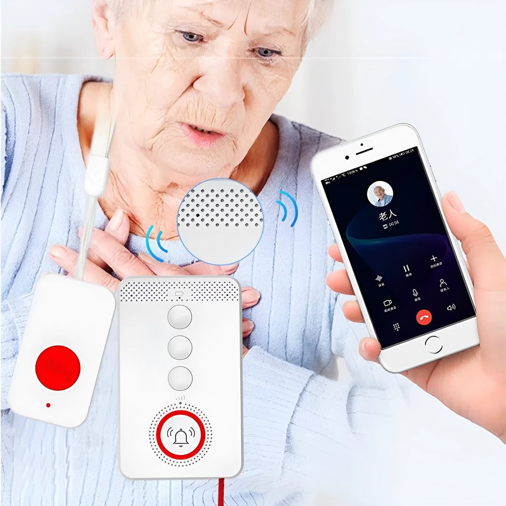 White elderly emergency alert device with central buzzer unit and three wireless emergency buttons for home safety.