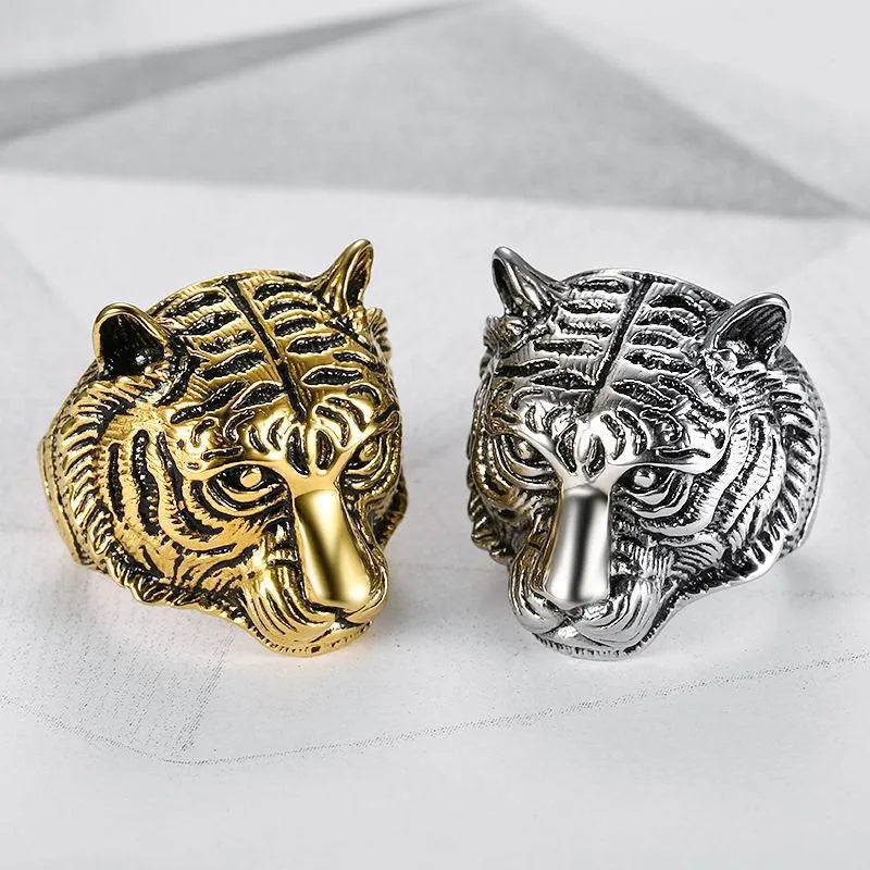 Retro tiger head stainless steel ring for women, steel colour, size No 10, fashion commuter style