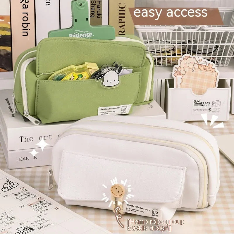 Korean-style canvas pencil case in green, beige, blue, and grey colours with large capacity for pens