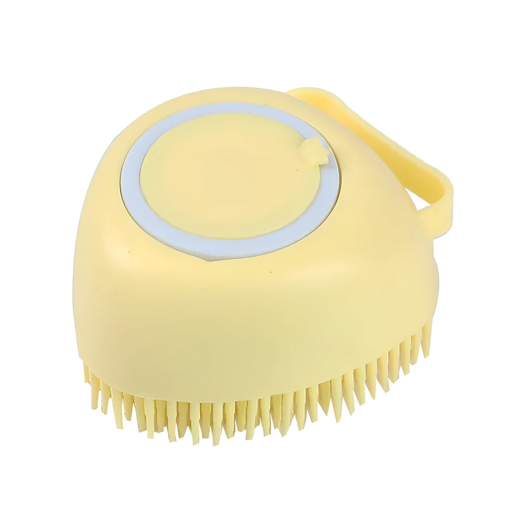 Silicone dog bath and massage brush in blue, pink, and yellow colours on a white background