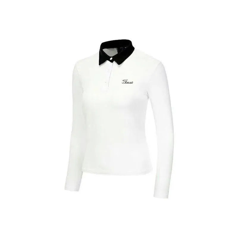 Women's white long sleeve slim fit polyester golf top for outdoor sports