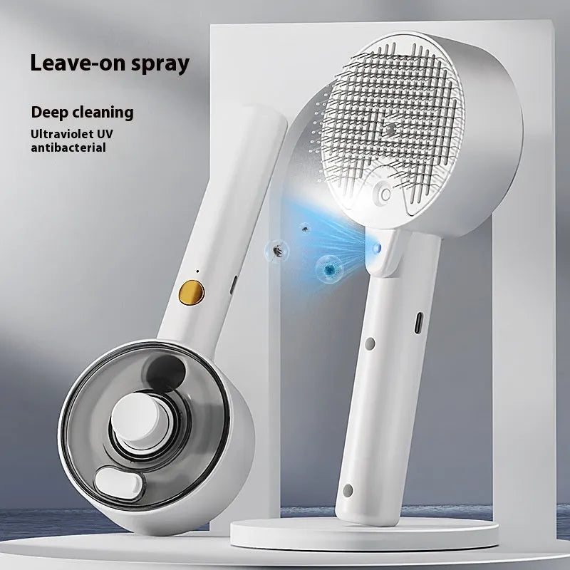 Ceramic white pet grooming brush with steam function, UV-C light, and self-cleaning hair removal