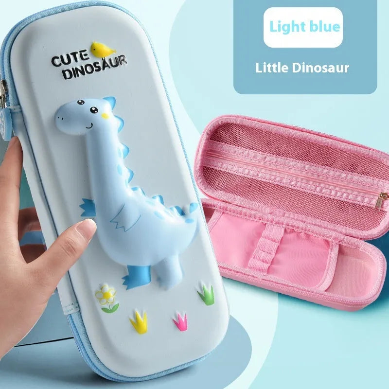 3D leather pencil case with zipper closure showing character design options including astronauts, unicorns, and mermaids