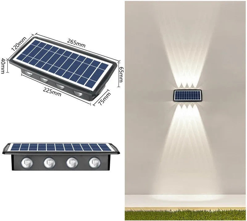 Solar outdoor wall light with four 5050 LED beads, ABS PC housing and 1500mAh battery