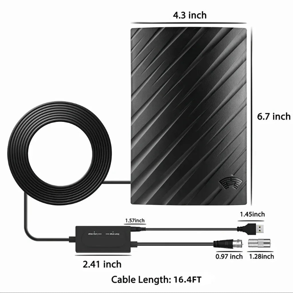 Black plastic HD digital television antenna measuring 18x16x7cm with mounting accessories