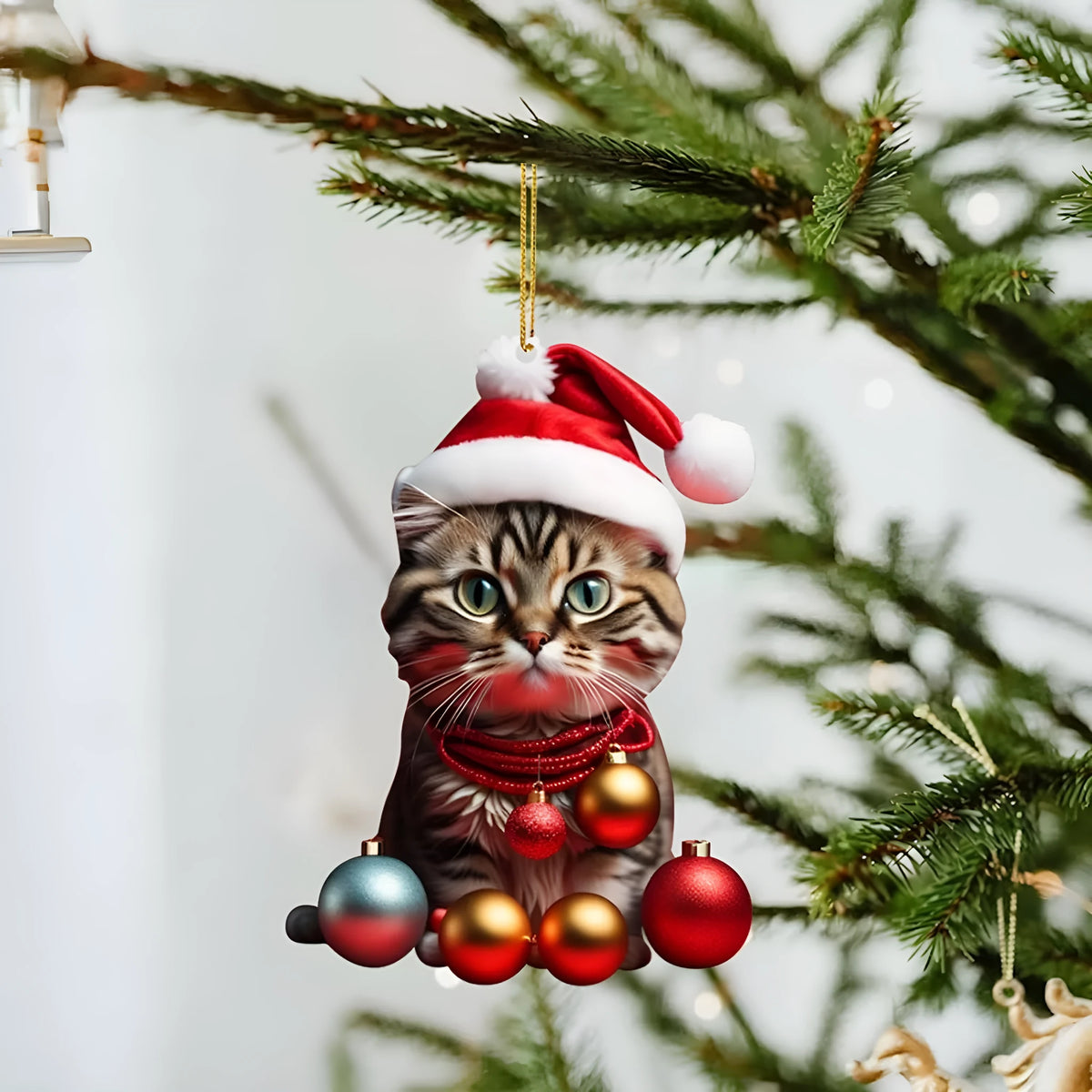 Christmas car hanging ornament with a cartoon kitty design in clear acrylic, shown in one of ten available colour styles.