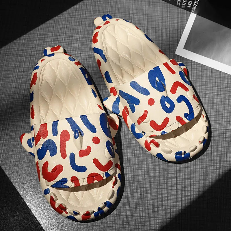 Open-toe shark design couple slippers in EVA material on a white background.