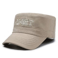 Men's cotton flat-top peaked cap in army green colour with adjustable sizing and dome crown