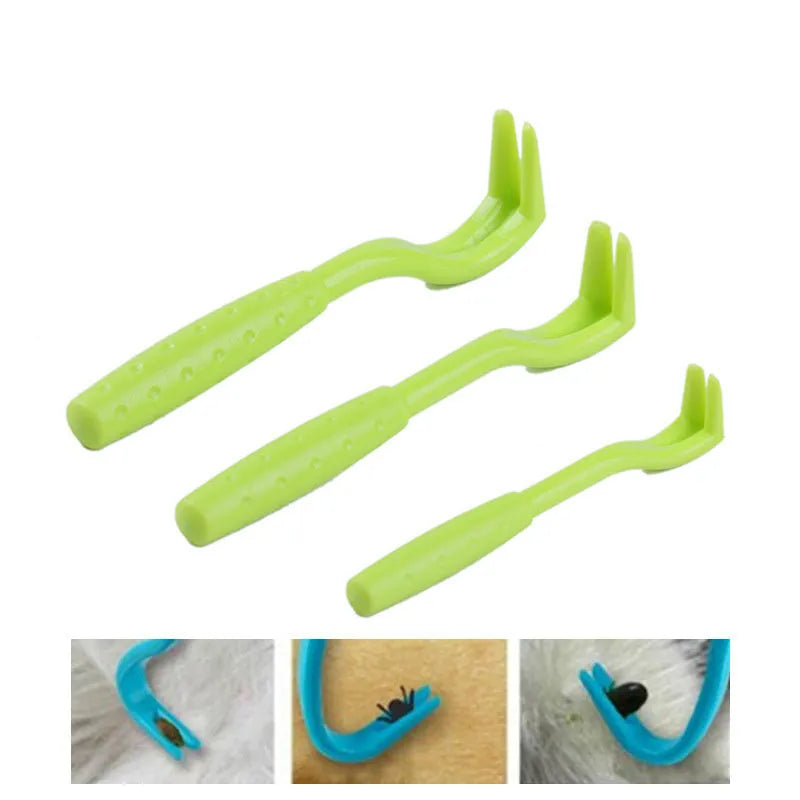 Three blue and green plastic pet tick removal tools with hook design on a white background