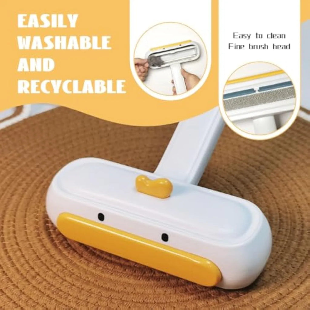 Yellow duck design portable pet hair remover tool with polyester bristles on white background.